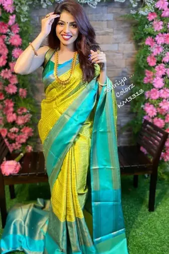 Yellow rama silk blend banarasi saree with unstitched blouse piece