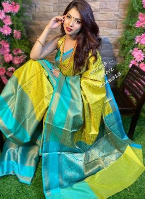 Yellow rama silk blend banarasi saree with unstitched blouse piece 3