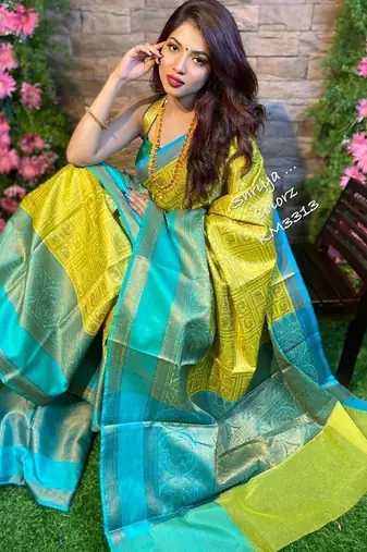 Yellow rama silk blend banarasi saree with unstitched blouse piece
