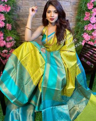 Yellow rama silk blend banarasi saree with unstitched blouse piece 4