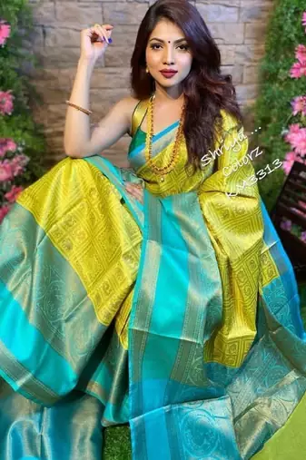 Yellow rama silk blend banarasi saree with unstitched blouse piece
