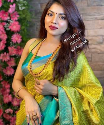 Yellow rama silk blend banarasi saree with unstitched blouse piece 5