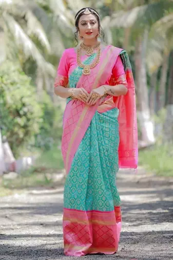 Sky blue pink soft silk blend banarasi jacuard work designer party wear saree with unstitched blouse piece