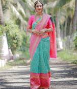 Sky blue pink silk blend banarasi saree with unstitched blouse piece