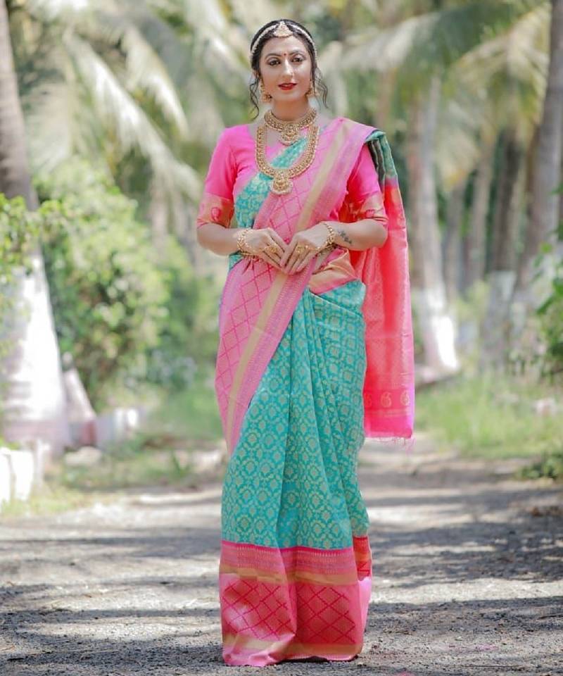 Sky blue pink soft silk blend banarasi jacuard work designer party wear saree with unstitched blouse piece