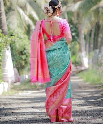 Sky blue pink silk blend banarasi saree with unstitched blouse piece 2