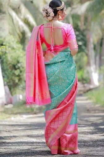 Sky blue pink silk blend banarasi saree with unstitched blouse piece