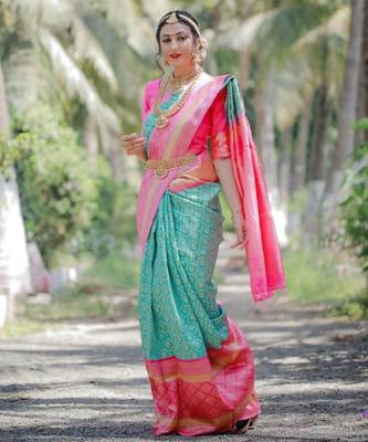 Sky blue pink silk blend banarasi saree with unstitched blouse piece 3