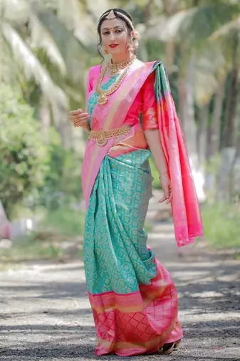 Sky blue pink silk blend banarasi saree with unstitched blouse piece