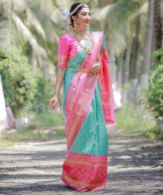Sky blue pink silk blend banarasi saree with unstitched blouse piece 4