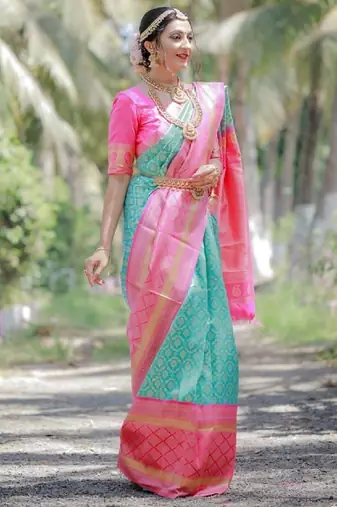 Sky blue pink silk blend banarasi saree with unstitched blouse piece