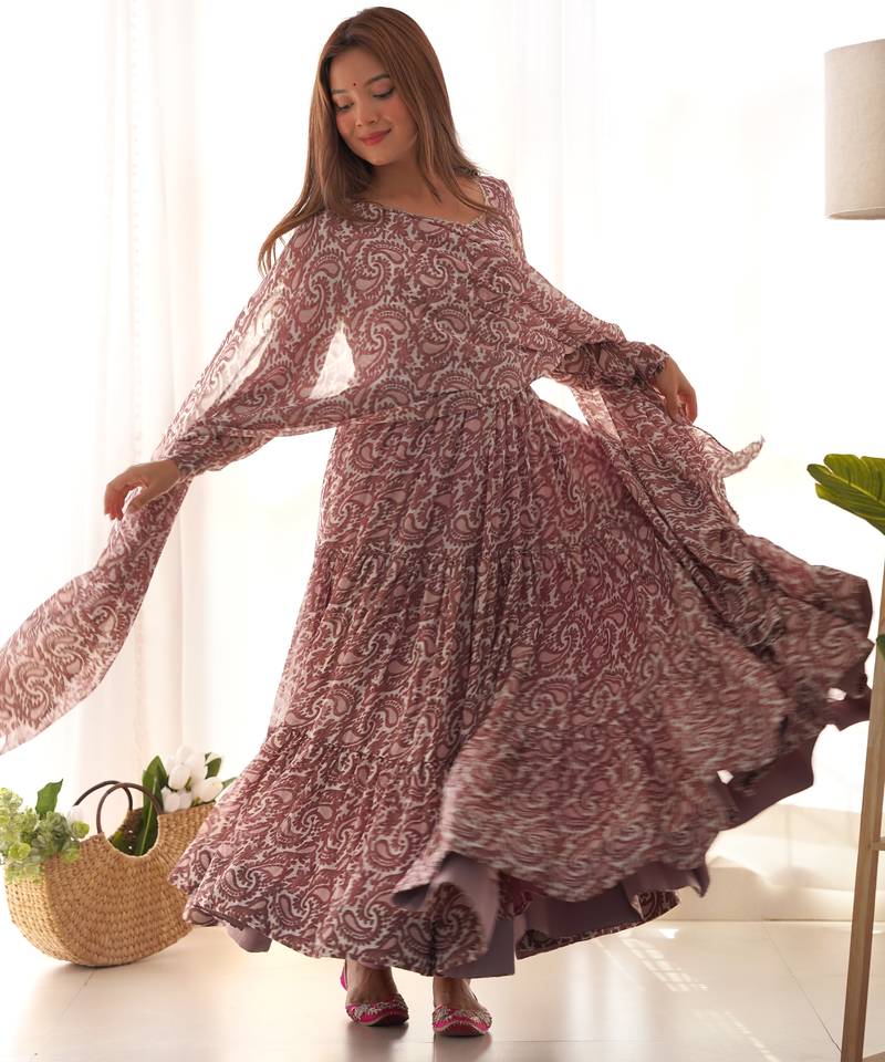 Pure soft fox georgette  fully flare printed  anarkali,with duppta set,pent ready to wear