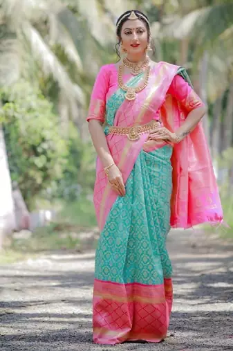 Sky blue pink silk blend banarasi saree with unstitched blouse piece