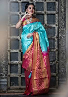 Sky blue pink silk blend banarasi saree with unstitched blouse piece 1