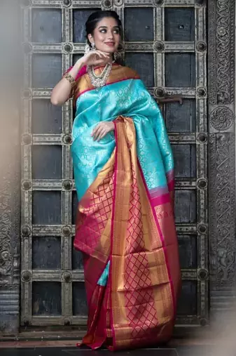 Sky blue pink soft silk blend banarasi jacuard work designer party wear saree with unstitched blouse piece