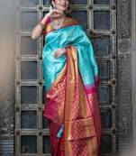 Sky blue pink silk blend banarasi saree with unstitched blouse piece