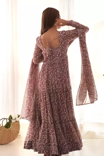 maroon pure fox georgette printed anarkali set