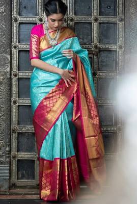 Sky blue pink silk blend banarasi saree with unstitched blouse piece 2