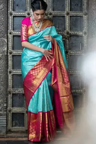 Sky blue pink silk blend banarasi saree with unstitched blouse piece