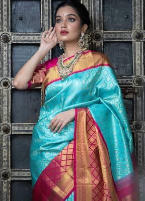 Sky blue pink silk blend banarasi saree with unstitched blouse piece 3