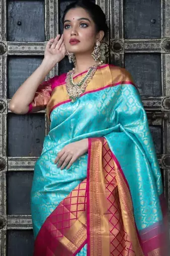 Sky blue pink silk blend banarasi saree with unstitched blouse piece