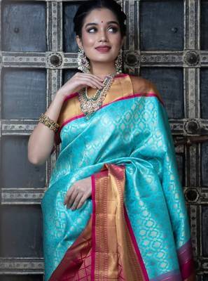 Sky blue pink silk blend banarasi saree with unstitched blouse piece 4