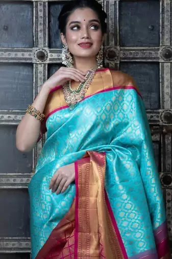 Sky blue pink silk blend banarasi saree with unstitched blouse piece