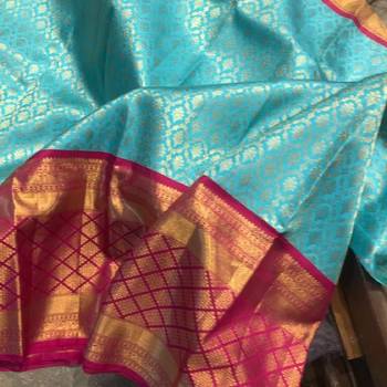 Sky blue pink silk blend banarasi saree with unstitched blouse piece 1