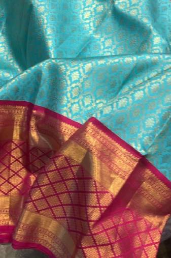 Sky blue pink soft silk blend banarasi jacuard work designer party wear saree with unstitched blouse piece