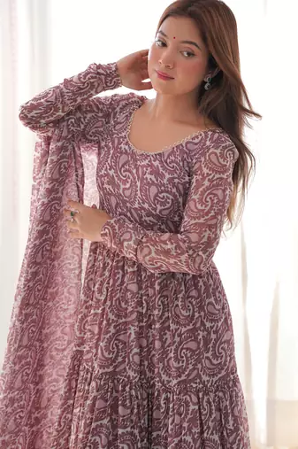 maroon pure fox georgette printed anarkali set