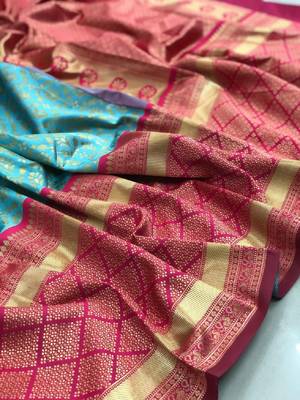 Sky blue pink silk blend banarasi saree with unstitched blouse piece 2