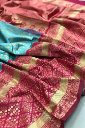 Sky blue pink silk blend banarasi saree with unstitched blouse piece