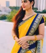 Yellow blue silk blend banarasi saree with unstitched blouse piece