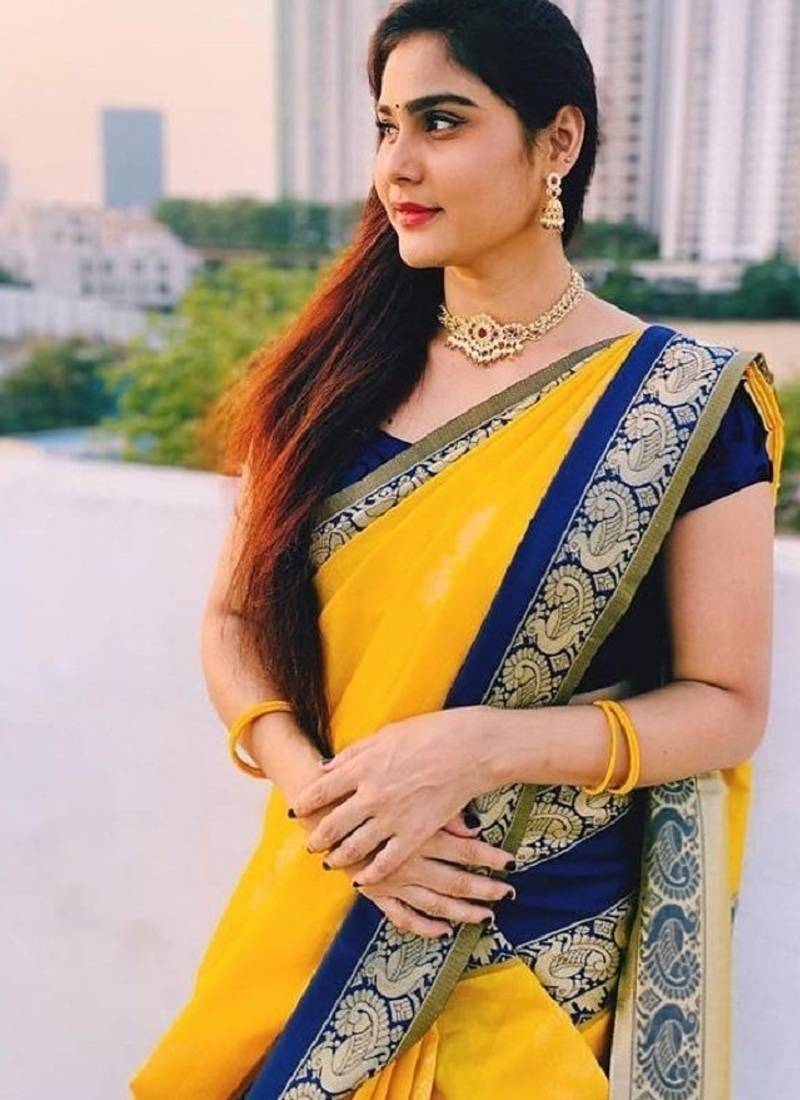 Yellow blue soft silk blend banarasi jacuard work designer party wear saree with unstitched blouse piece