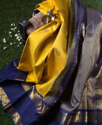 Yellow blue silk blend banarasi saree with unstitched blouse piece 2