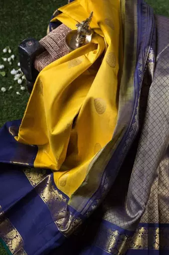 Yellow blue silk blend banarasi saree with unstitched blouse piece