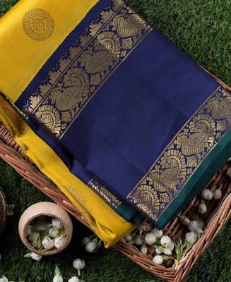 Yellow blue silk blend banarasi saree with unstitched blouse piece 3