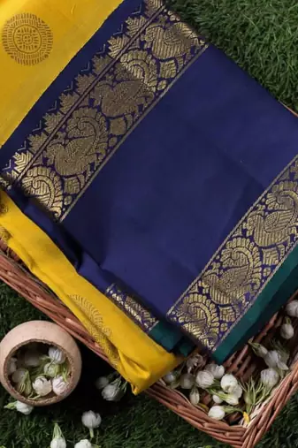 Yellow blue silk blend banarasi saree with unstitched blouse piece
