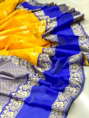 Yellow blue silk blend banarasi saree with unstitched blouse piece 4