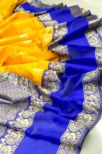 Yellow blue silk blend banarasi saree with unstitched blouse piece