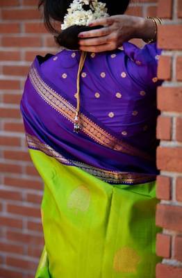 Parrot blue silk blend banarasi saree with unstitched blouse piece 2