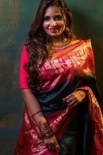 Green pink soft silk blend banarasi jacuard work designer party wear saree with unstitched blouse piece