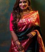 Green pink silk blend banarasi saree with unstitched blouse piece
