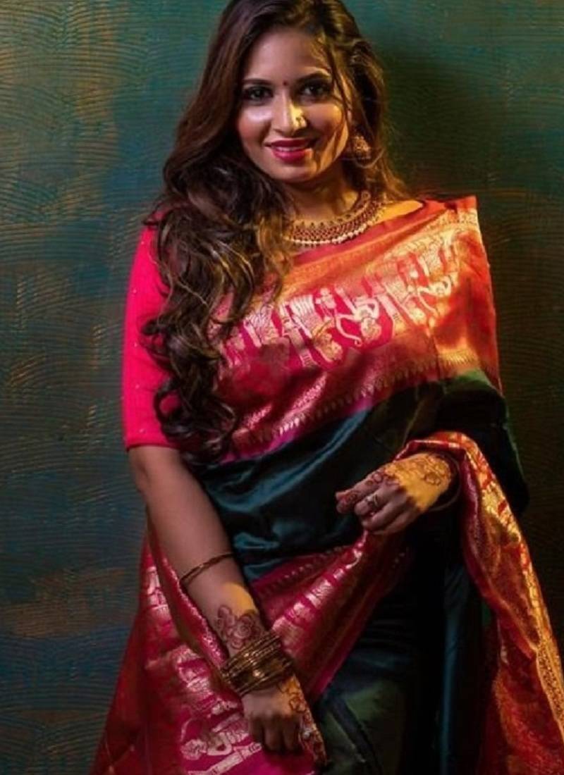 Green pink soft silk blend banarasi jacuard work designer party wear saree with unstitched blouse piece