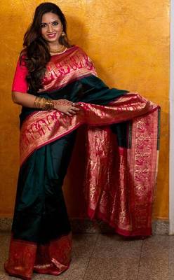 Green pink silk blend banarasi saree with unstitched blouse piece 3