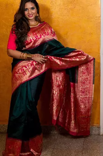 Green pink silk blend banarasi saree with unstitched blouse piece