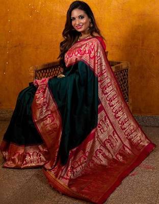 Green pink silk blend banarasi saree with unstitched blouse piece 4