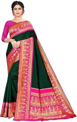 Green pink silk blend banarasi saree with unstitched blouse piece 1