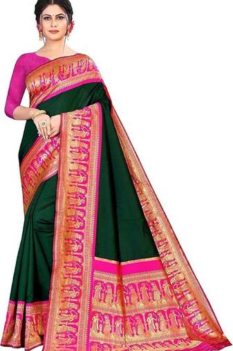 Green pink soft silk blend banarasi jacuard work designer party wear saree with unstitched blouse piece