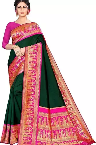 Green pink soft silk blend banarasi jacuard work designer party wear saree with unstitched blouse piece